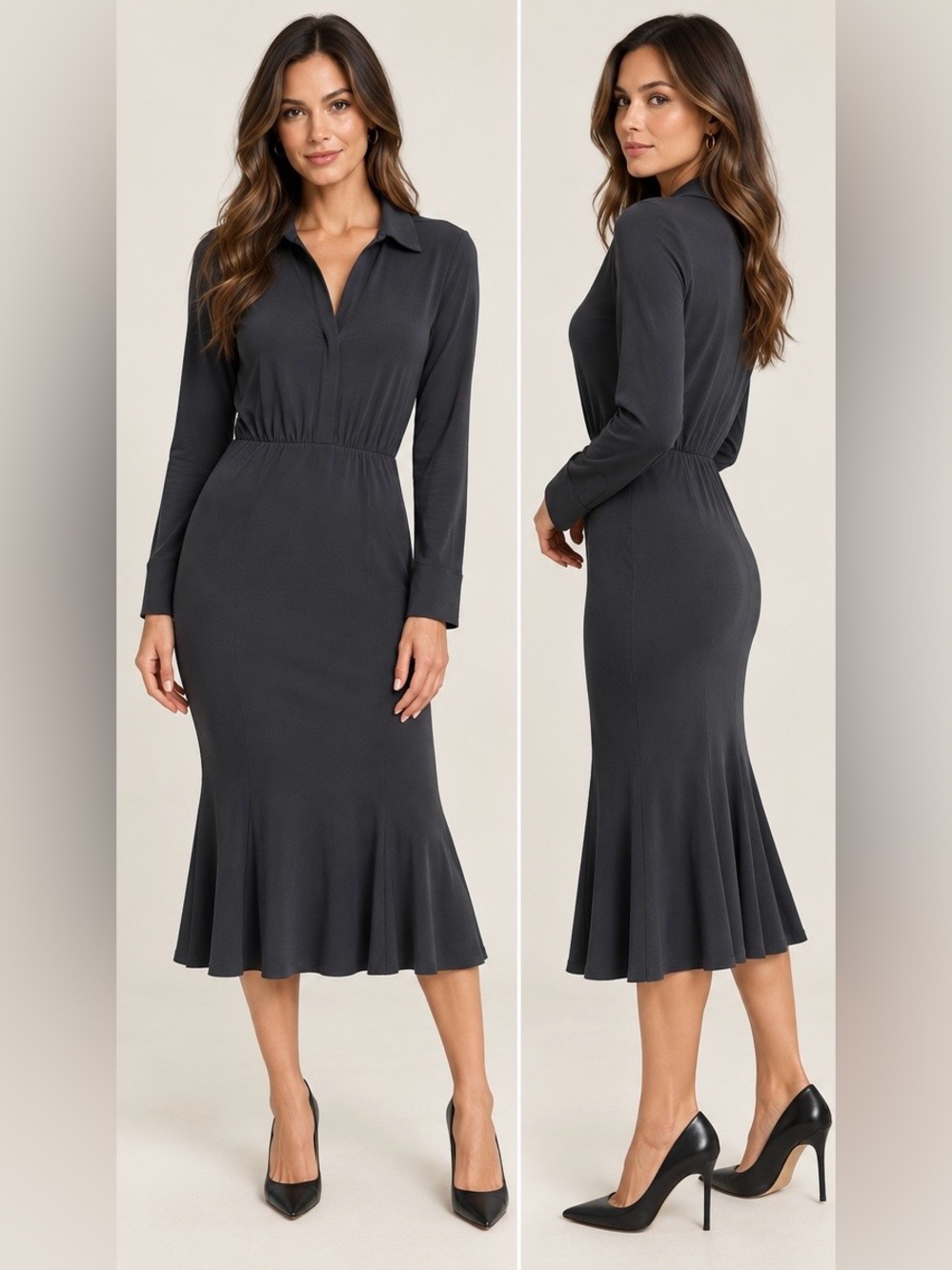 Norma Kamali Charcoal Long-Sleeve Collared Midi Dress